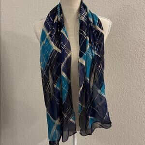 Blue Teal Navy Sheer Chiffon Scarf Gold Metallic Geometric Plaid Oblong 58" Wrap